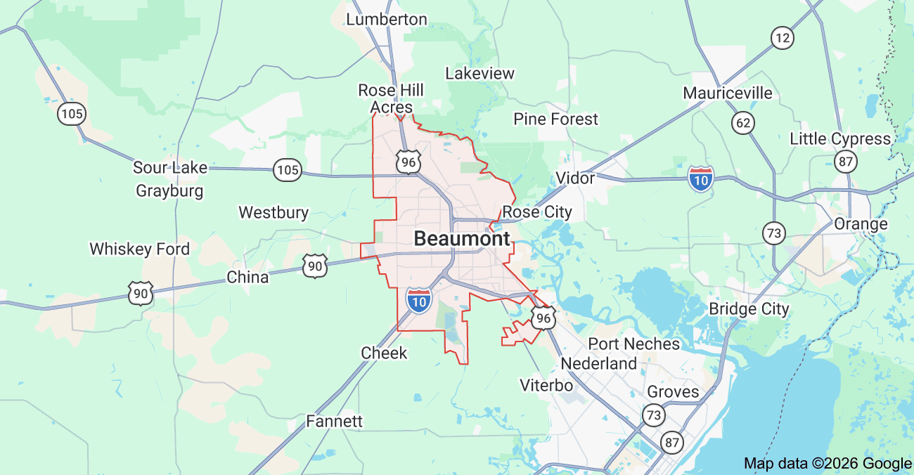 Map of Beaumont, Texas and surrounding roads