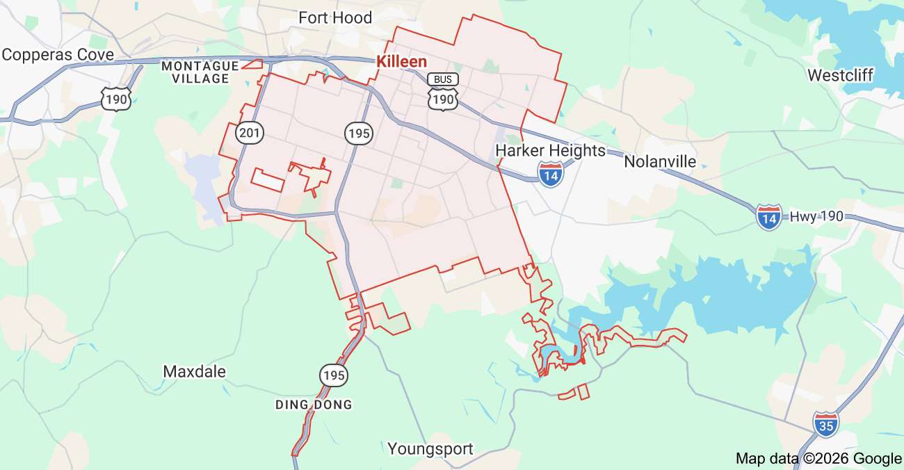 Map of Killeen, Texas and surrounding roads
