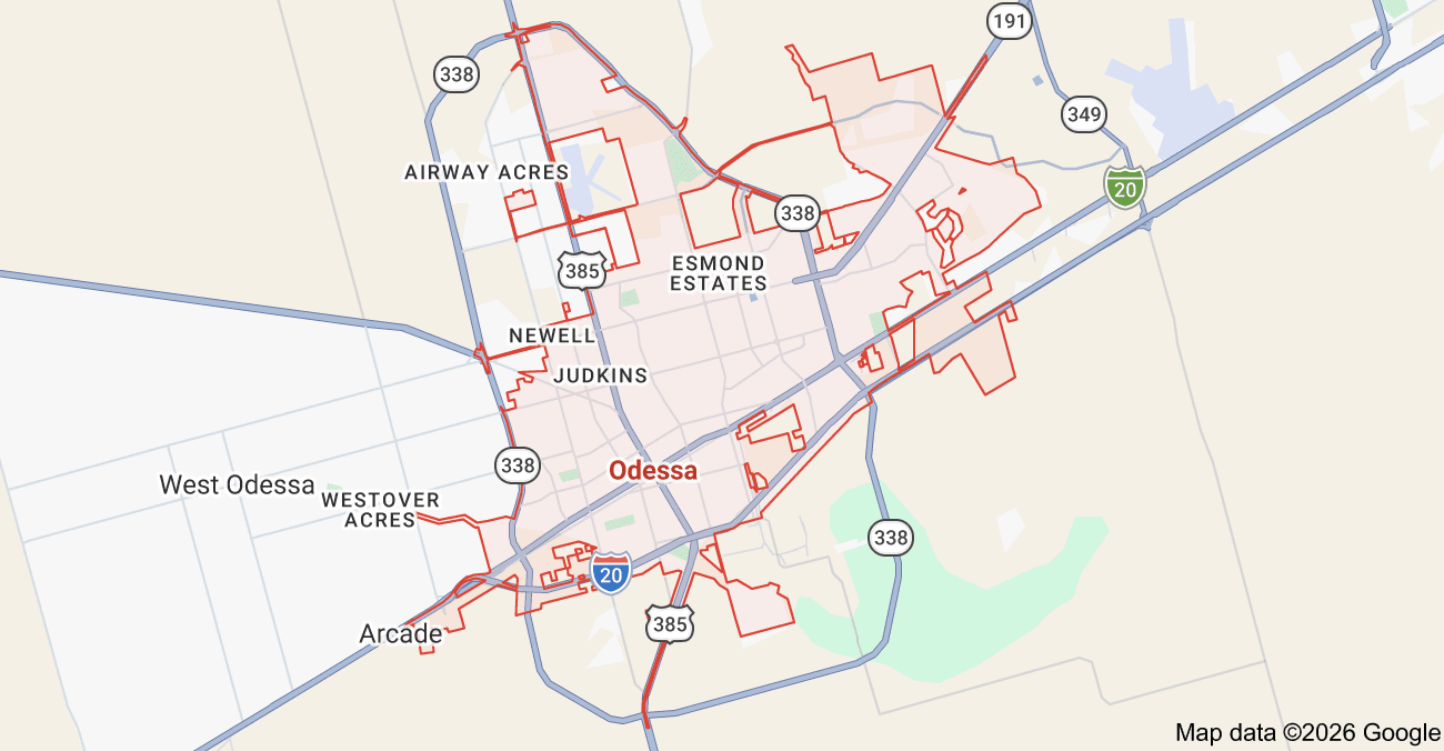 Map of Odessa, Texas and surrounding roads