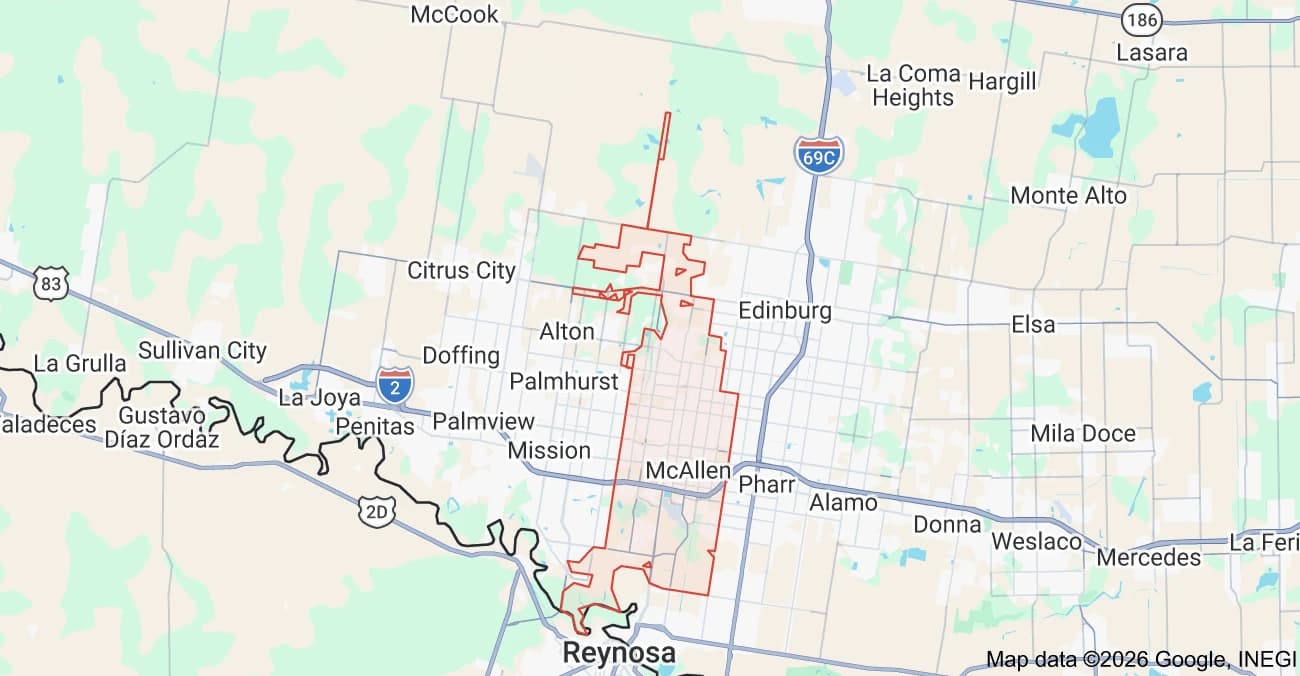 Map of McAllen, Texas and surrounding roads
