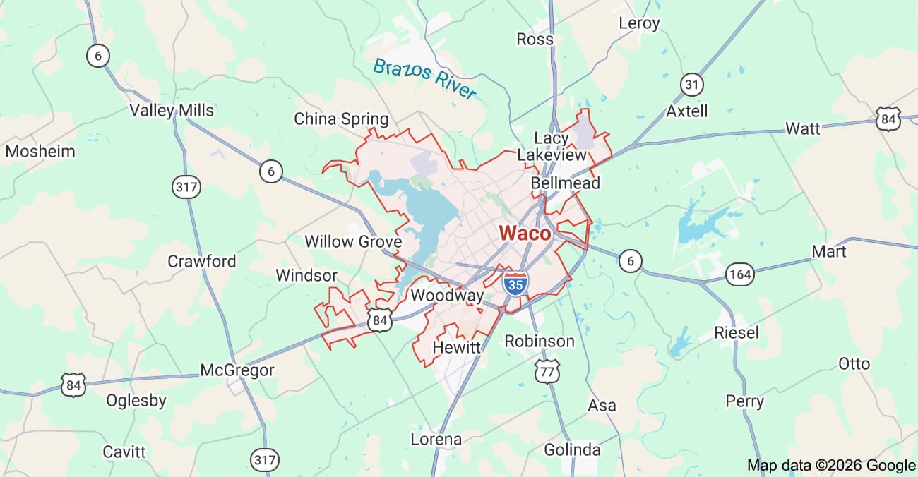 Map of Waco, Texas and surrounding roads