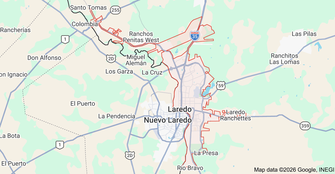 Map of Laredo, Texas and surrounding roads